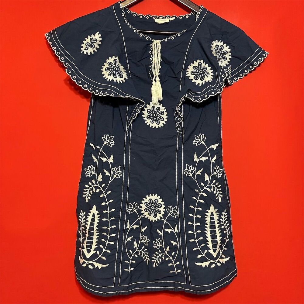 Let Me Be Women's XS Blue Floral Embroidered Tunic Dress Short‎ Sleeve